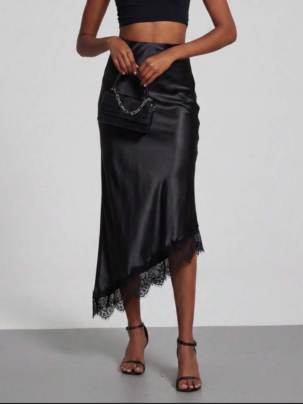 Satin Lace-Trim Asymmetrical High Rise Midi Skirt - Black - Picture 2 of 15